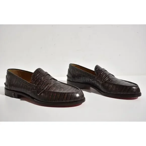 Christian Louboutin No Penny Flat Brown Expresso Croc Leather Dress Loafer 41 8